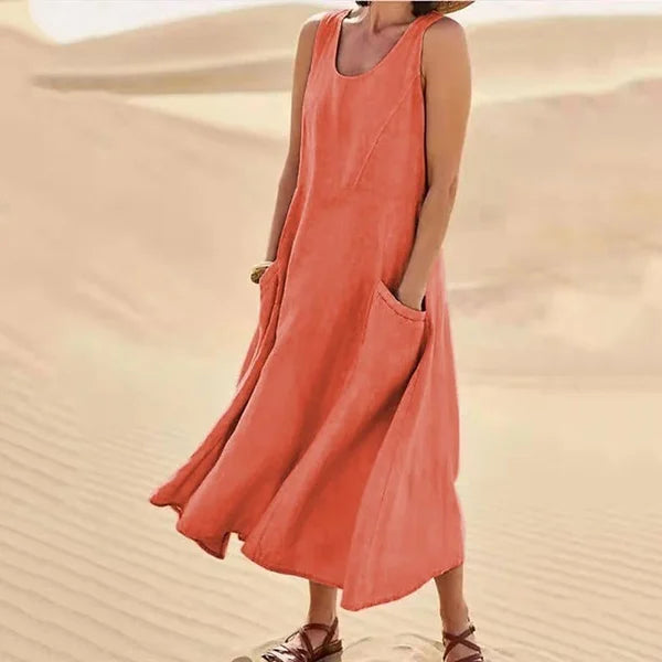 Round Neck Sleeveless Linen Pocket A-Line Midi Dress 3
