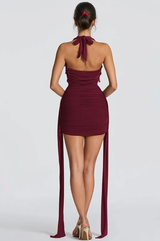 Deep V Halter Sash Teardrop Bodycon Party Dress