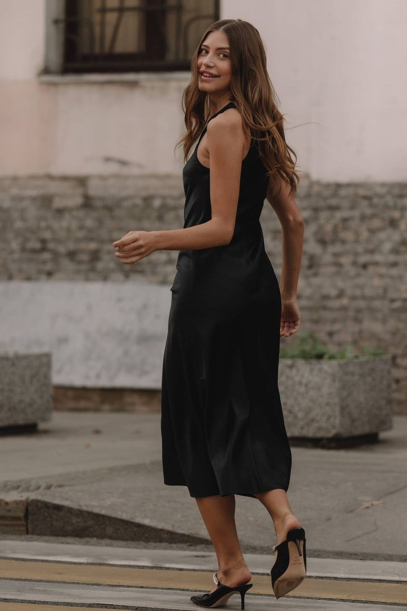 Black Satin Sleeveless Slip Dress
