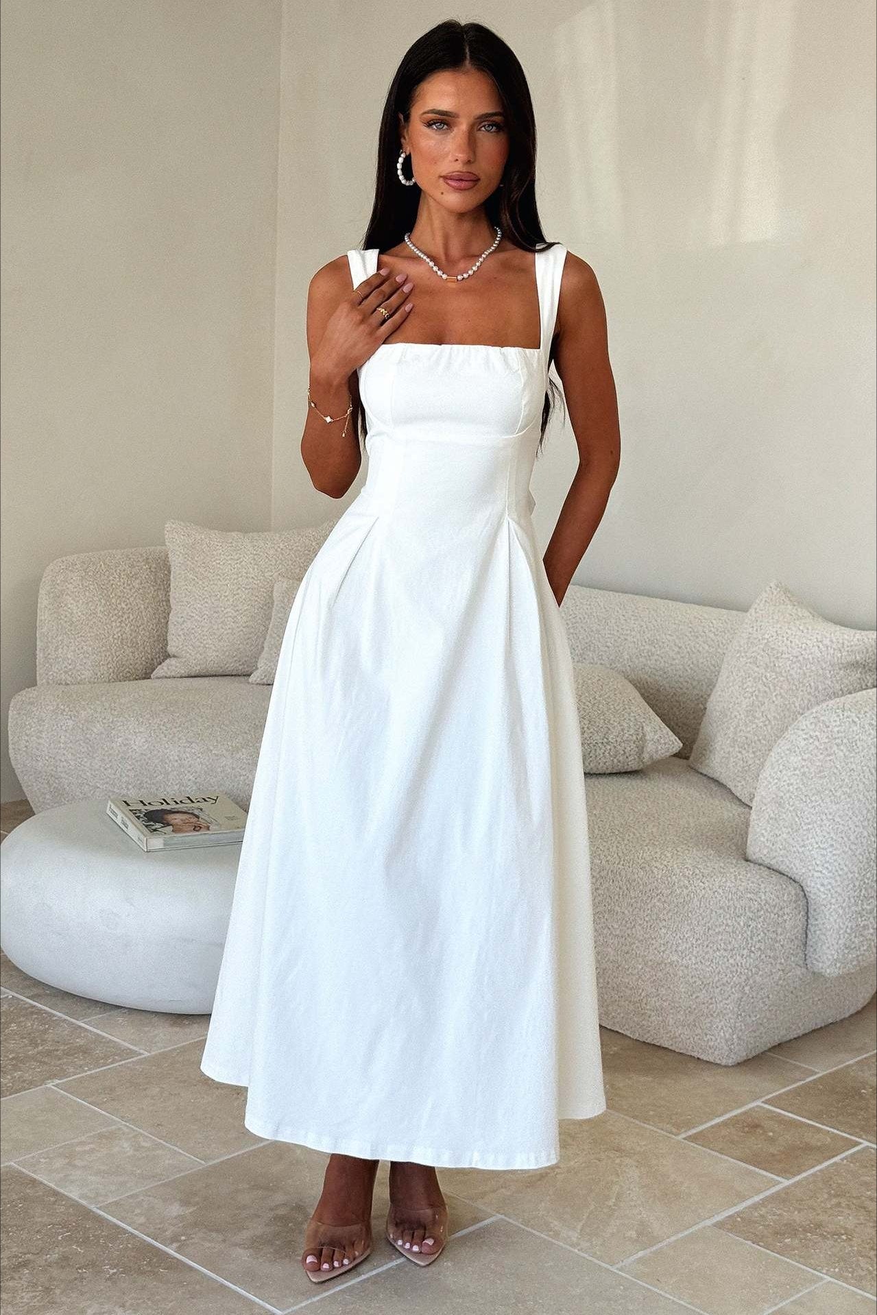 Square Neck Gathered Bust Wide Strap Pleated Pocket Midi Dress 2