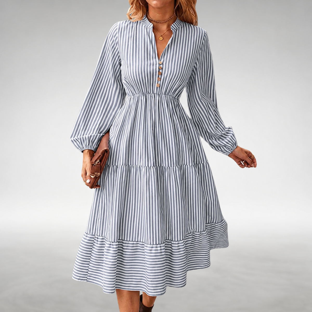 Notch Neck Striped Button Front Long Sleeve Tiered Midi Dress