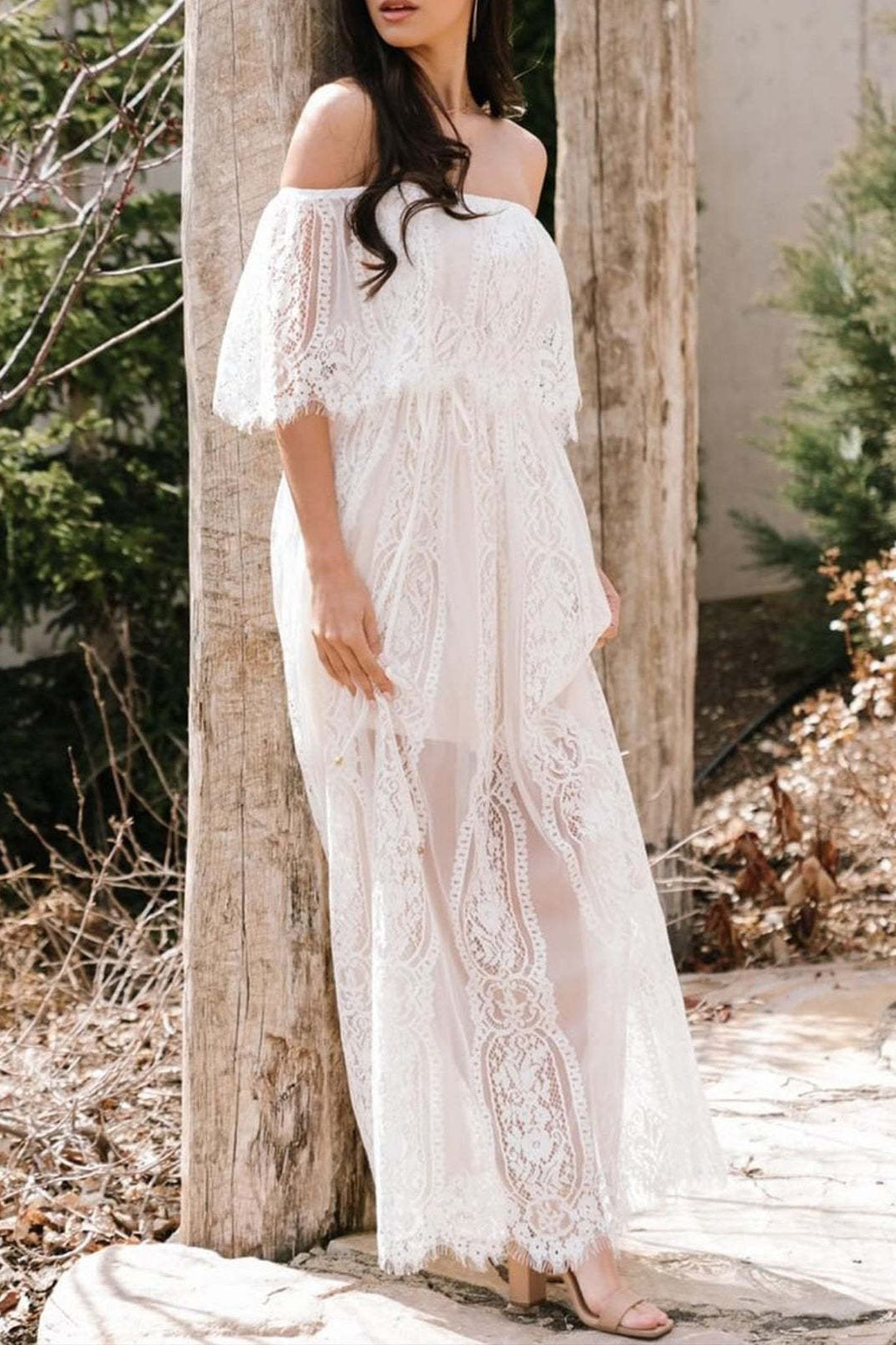 White Off Shoulder Ruffle Overlay Lace Panel Sheer Hem Maxi Dress 4