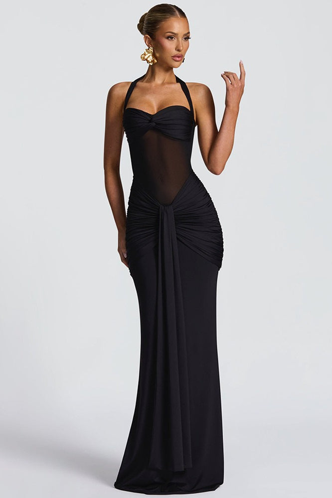 Ruched Halter Drape Tie Curve Long Slip Dress