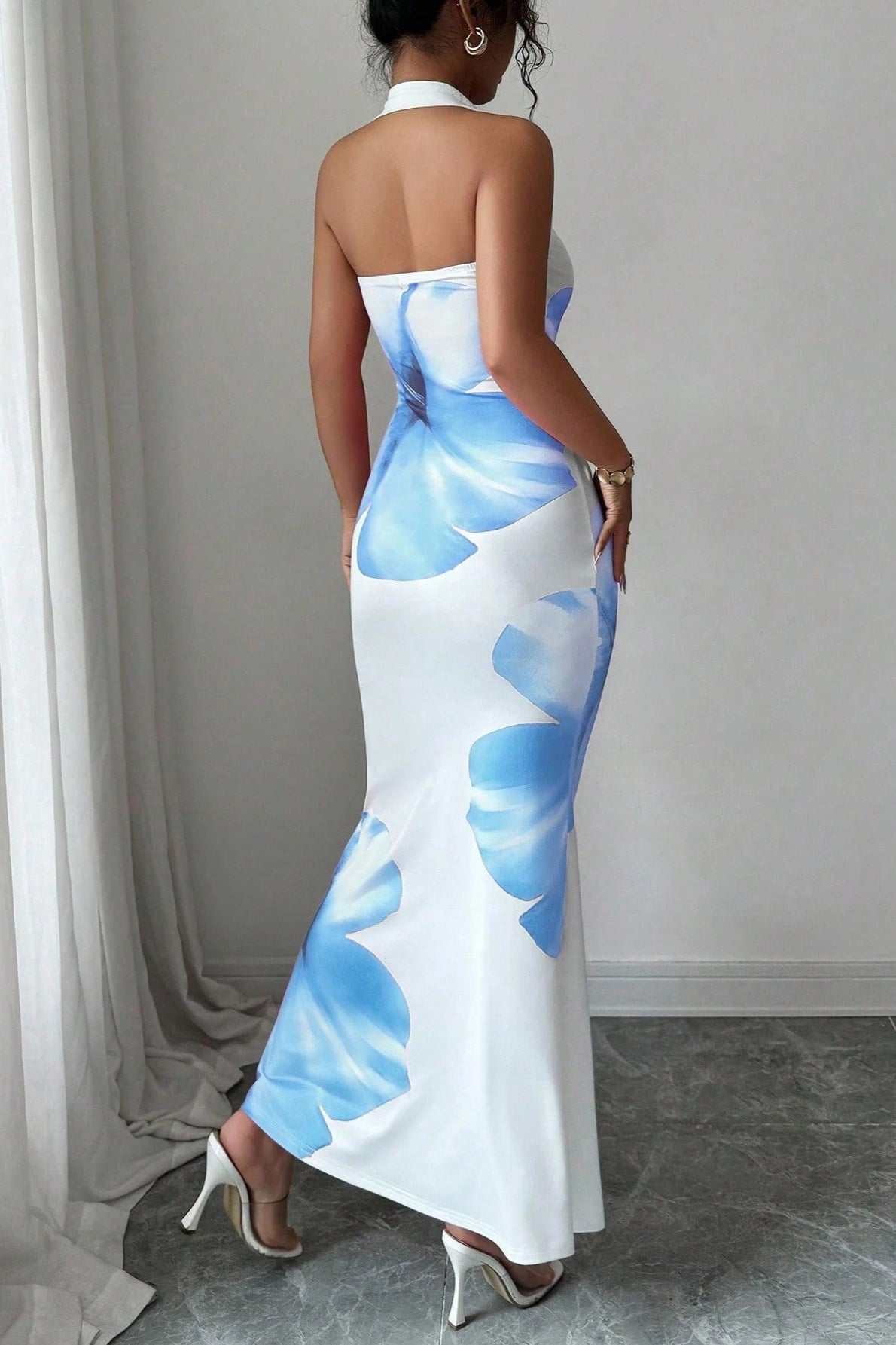 Halter Neck Wide Strap Large Floral Print Bodycon Maxi Dress 5