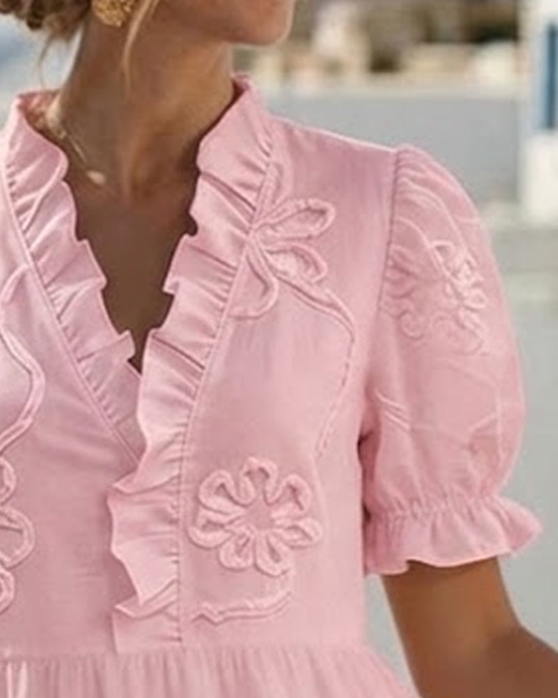Ruffle V-Neck Floral Embroidered Puff Sleeve Tiered Mini Dress 11