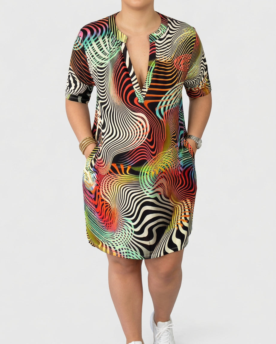 Notch V-Neck Abstract Swirl Print Short Sleeve Shift Midi Dress