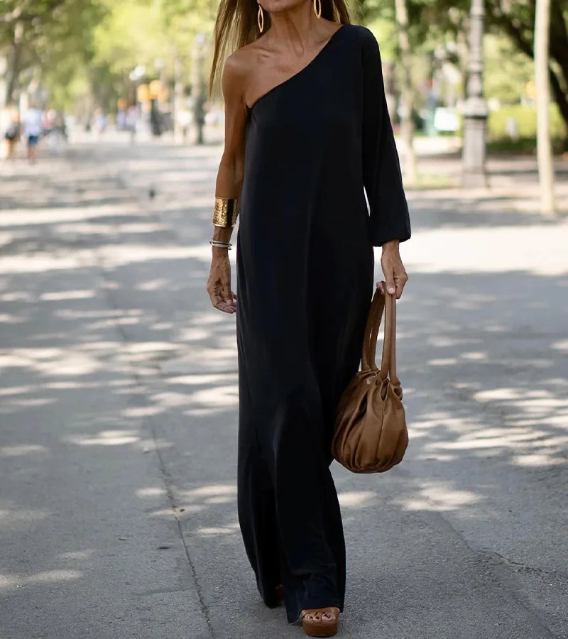 Mallory Minimalist Elegantly Flowy One Shoulder Dress Premium Wardrobe Essential