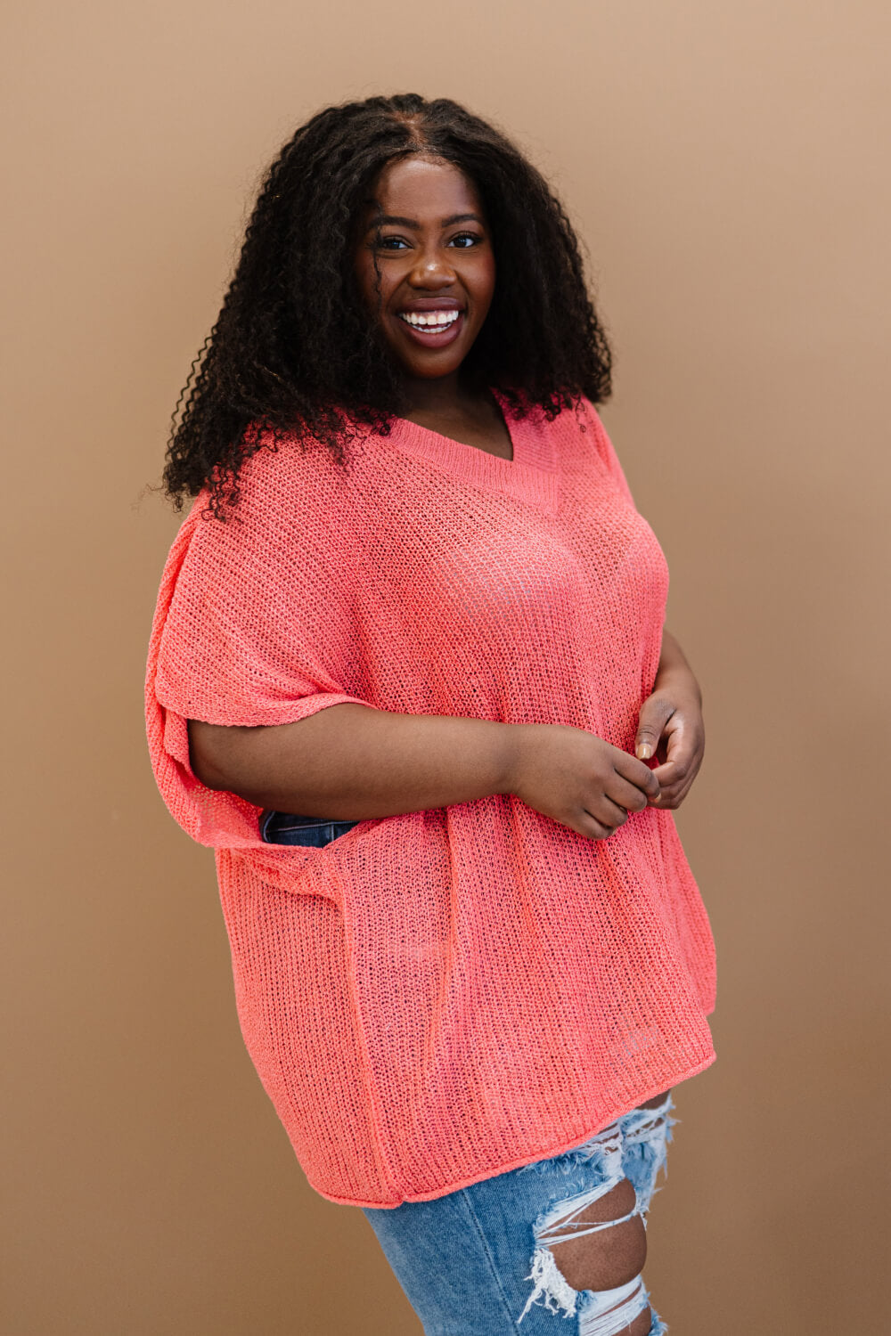 Deep Coral V-Neck Short Sleeve Openwork Loose Knit Sweater