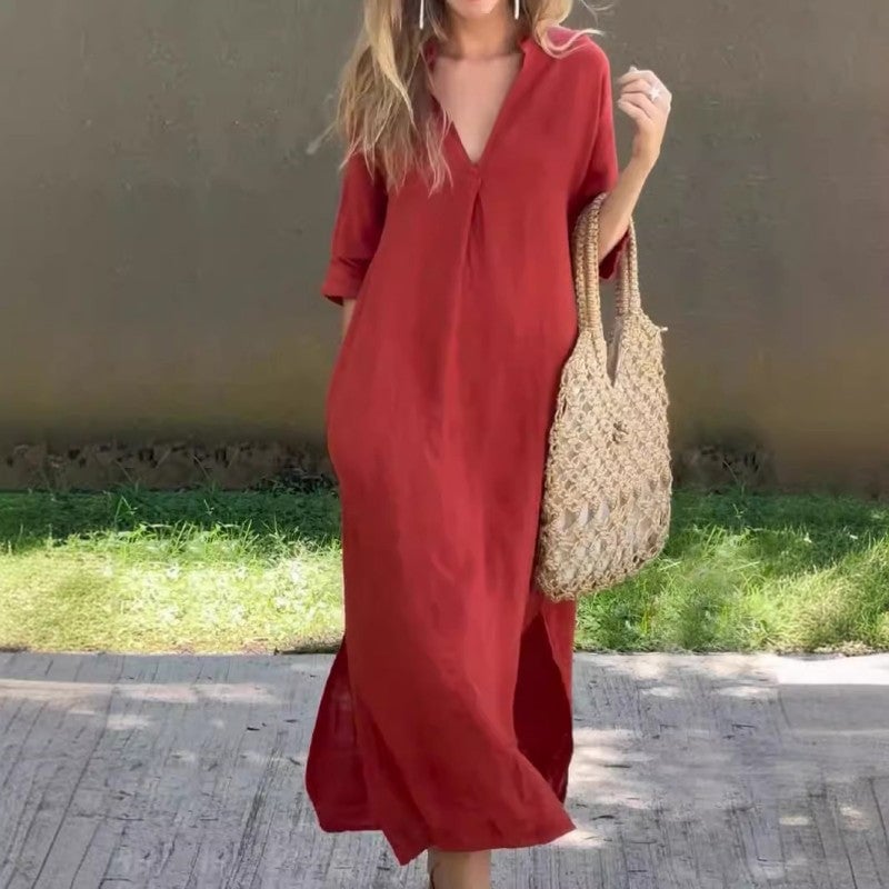 V-Neck Half Sleeve Linen Side-Slit Oversized Shift Maxi Dress