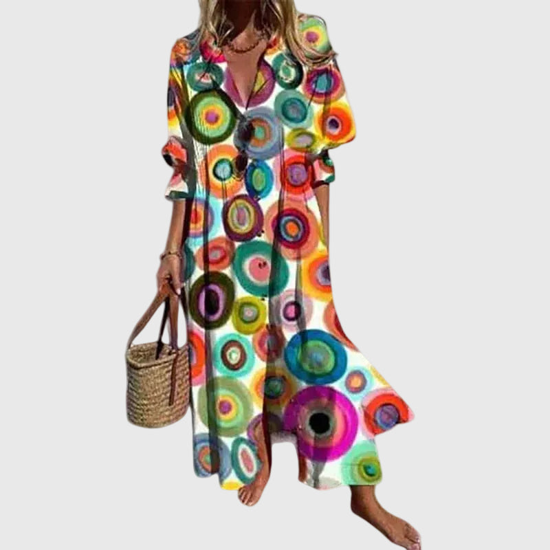 V-Neck Long Sleeve Abstract Floral Tiered A-Line Maxi Dress