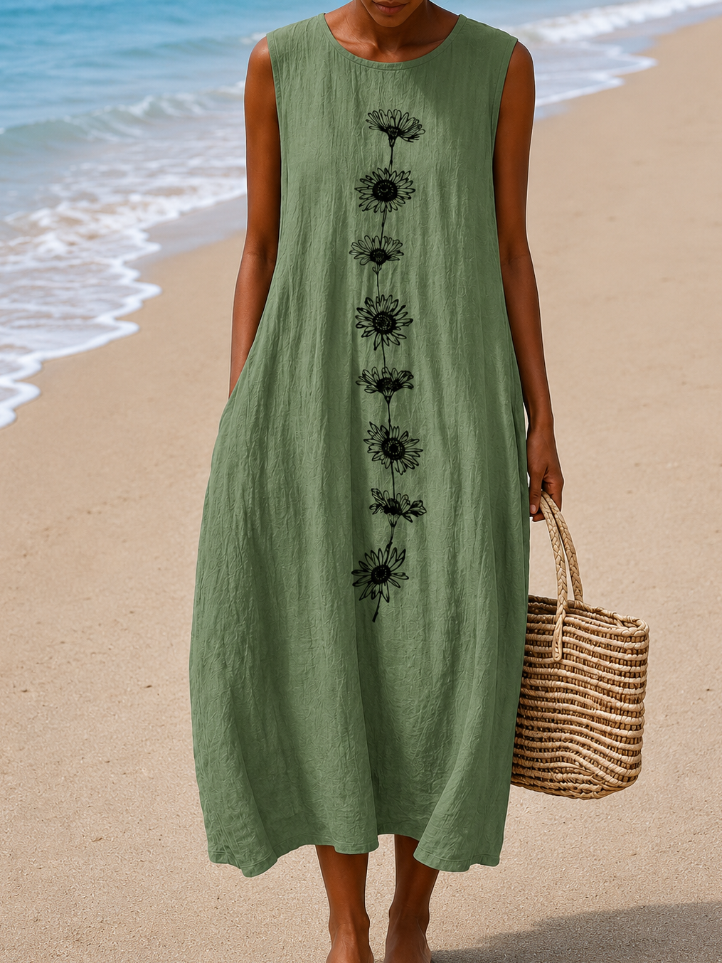 Crew Neck Sleeveless Daisy Print Textured Pocket Maxi Dress