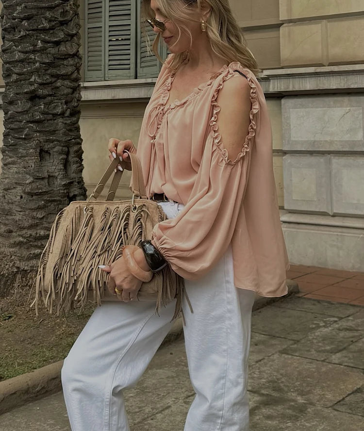 OffShoulder Chiffon Laced Long Sleeve Blouse