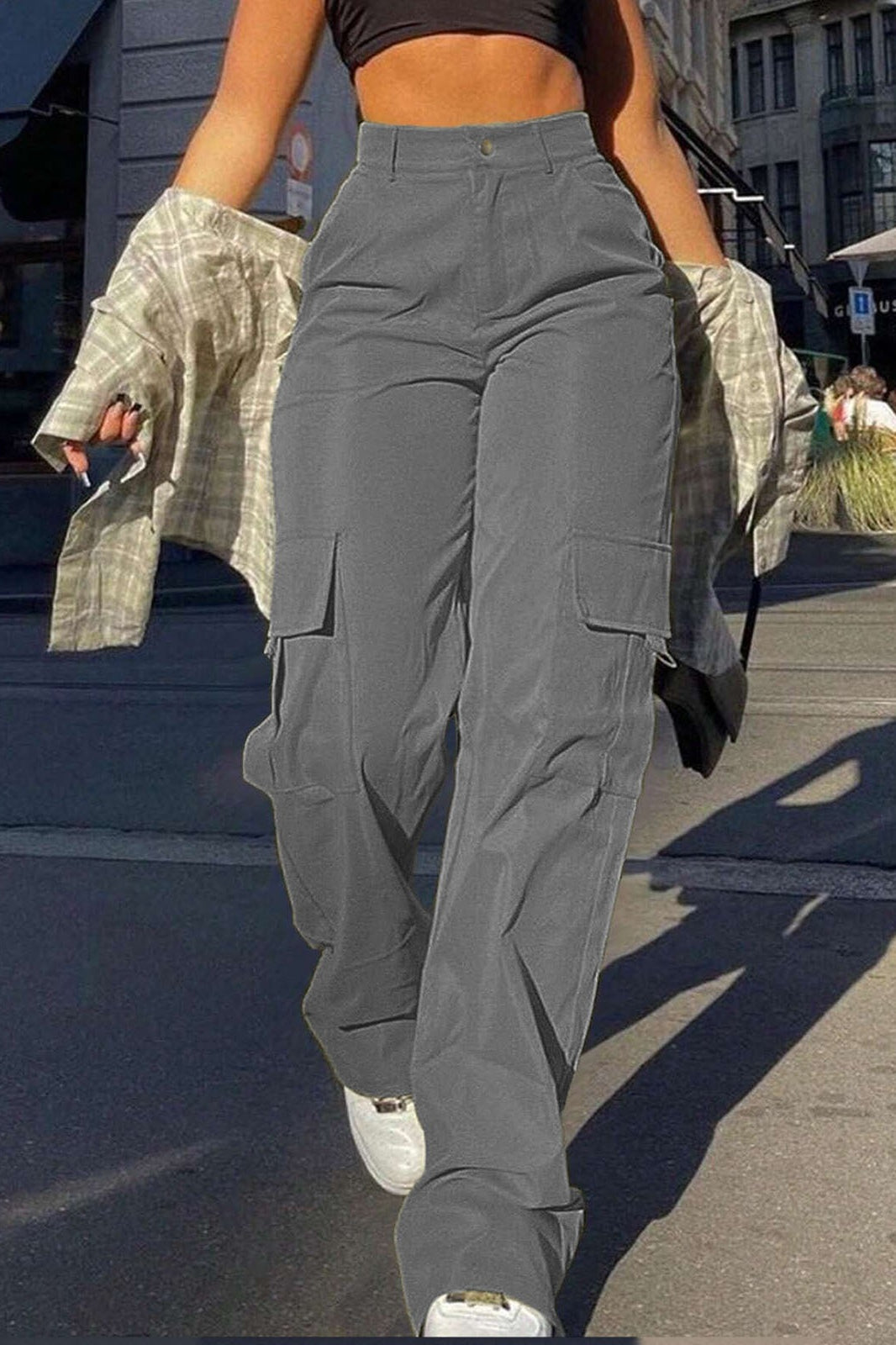 Street Style High Waist Multi Pocket Cargo Straight Loose Pants