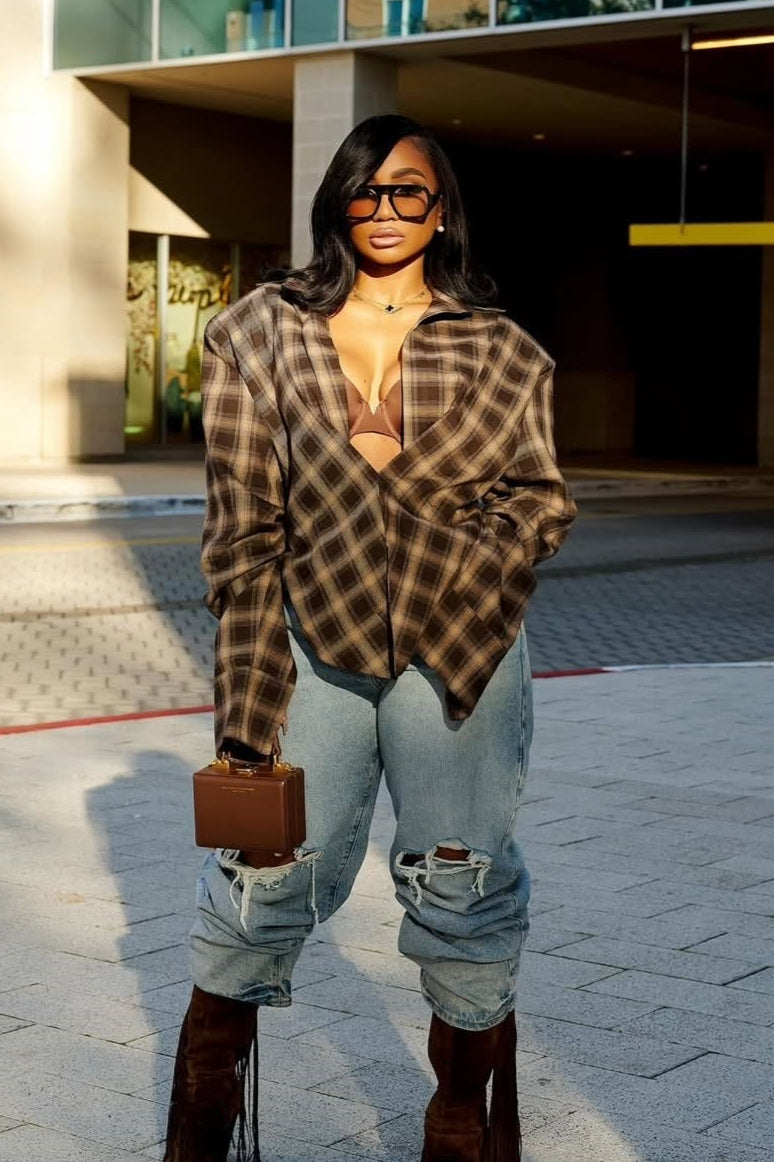 Plaid Collared Asymmetrical Loose Blouse