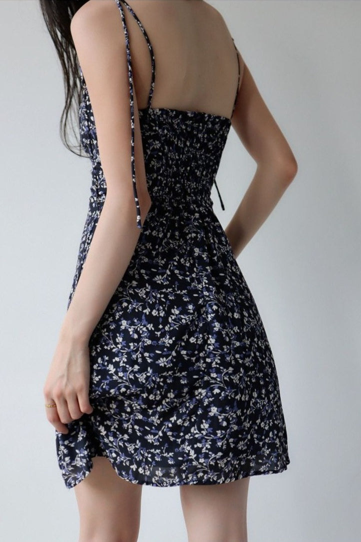 Slim Wrap Bust Strap Navy Floral Dress