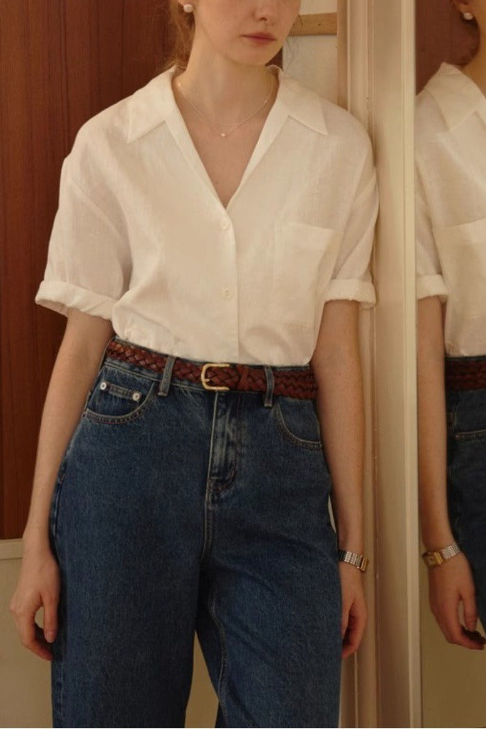 Linen French Deep V Short Blouse
