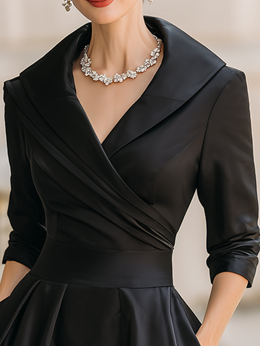Shawl Collar Surplice Satin Pleated A-Line Midi Dress 7