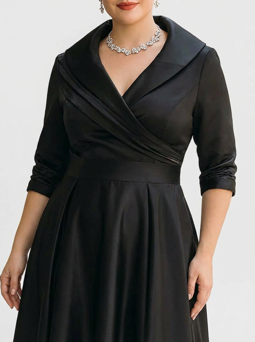 Shawl Collar Wrap Half Sleeve Satin Pleated A-Line Midi Dress 4