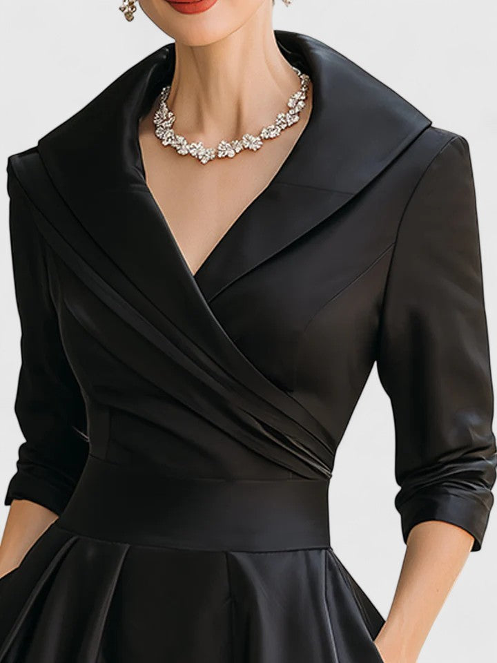 Shawl Collar Wrap Ruched Satin Long Sleeve A-Line Midi Dress