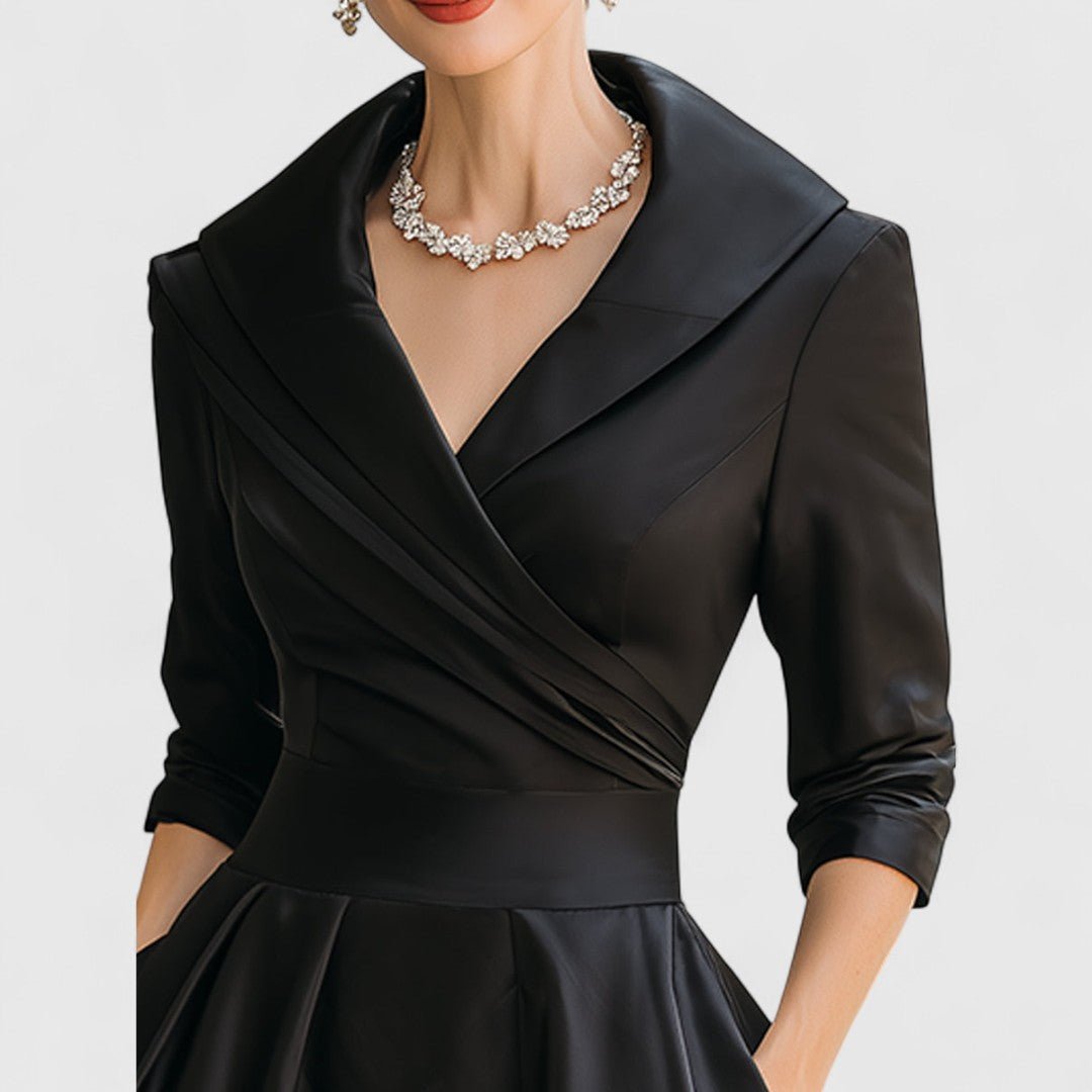 Shawl Collar Surplice V-Neck Satin Pleated A-Line Midi Dress