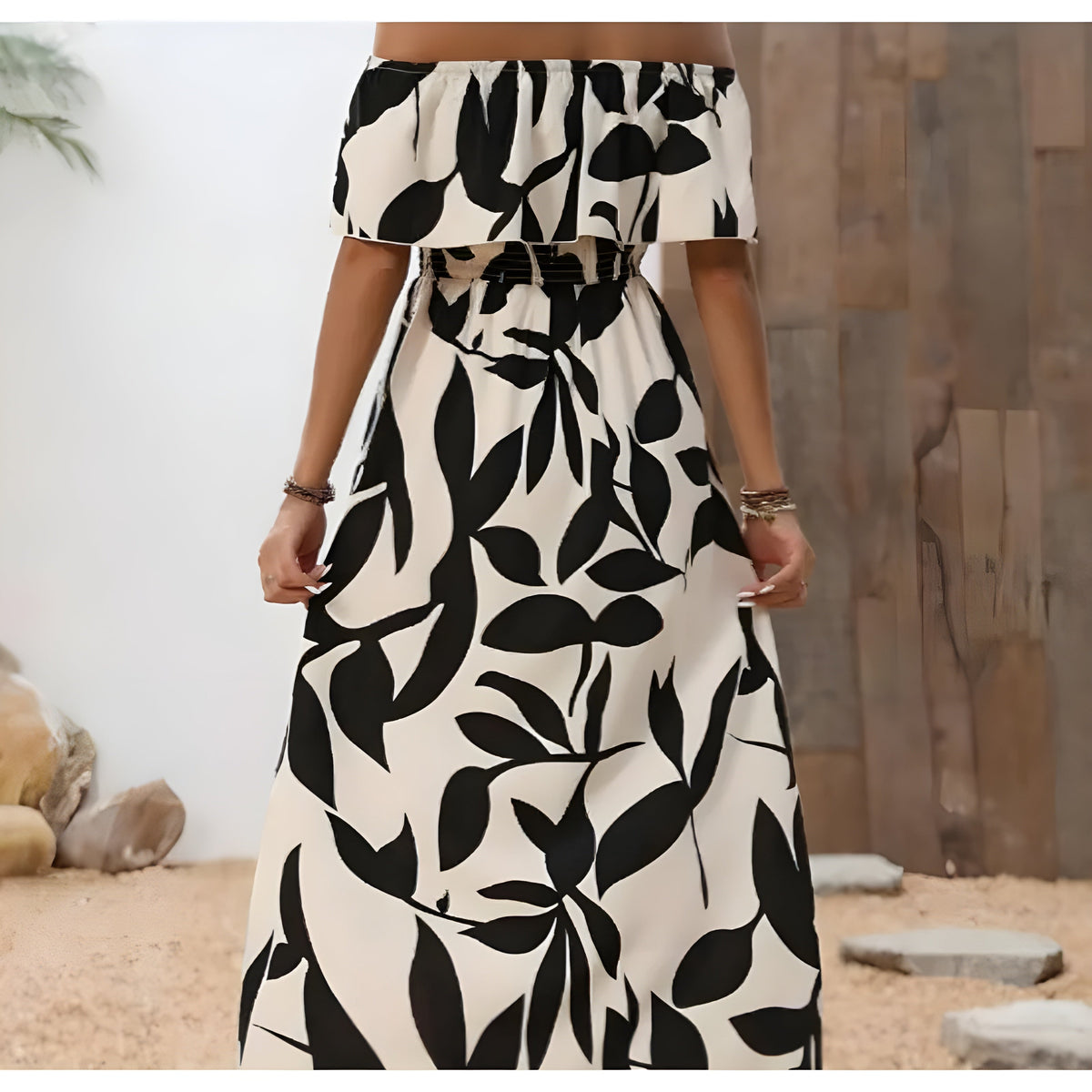 Off-Shoulder Ruffle Leaf Print Smocked High Slit Maxi Dress 4