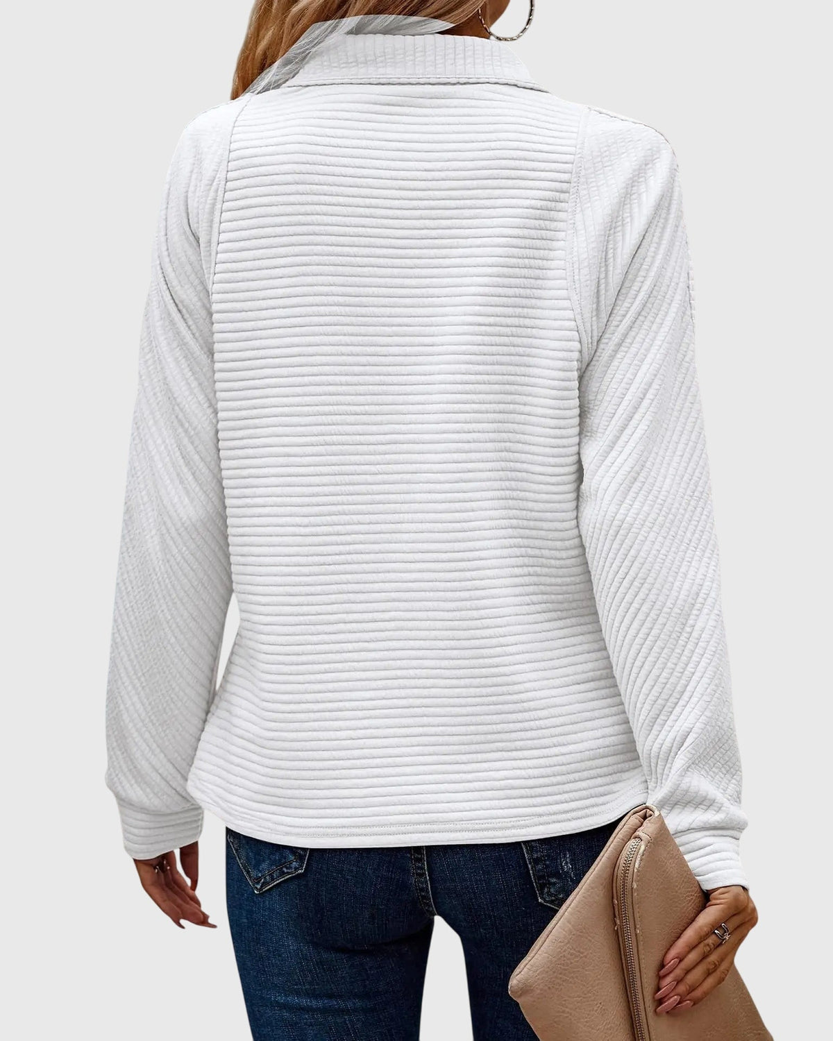Quarter Zip Collar Long Sleeve Ribbed Textured Pullover Sweatshirt