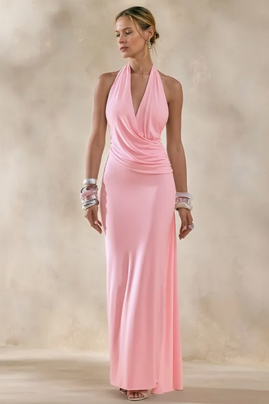 Asym Halter Backless Draped Party Dress
