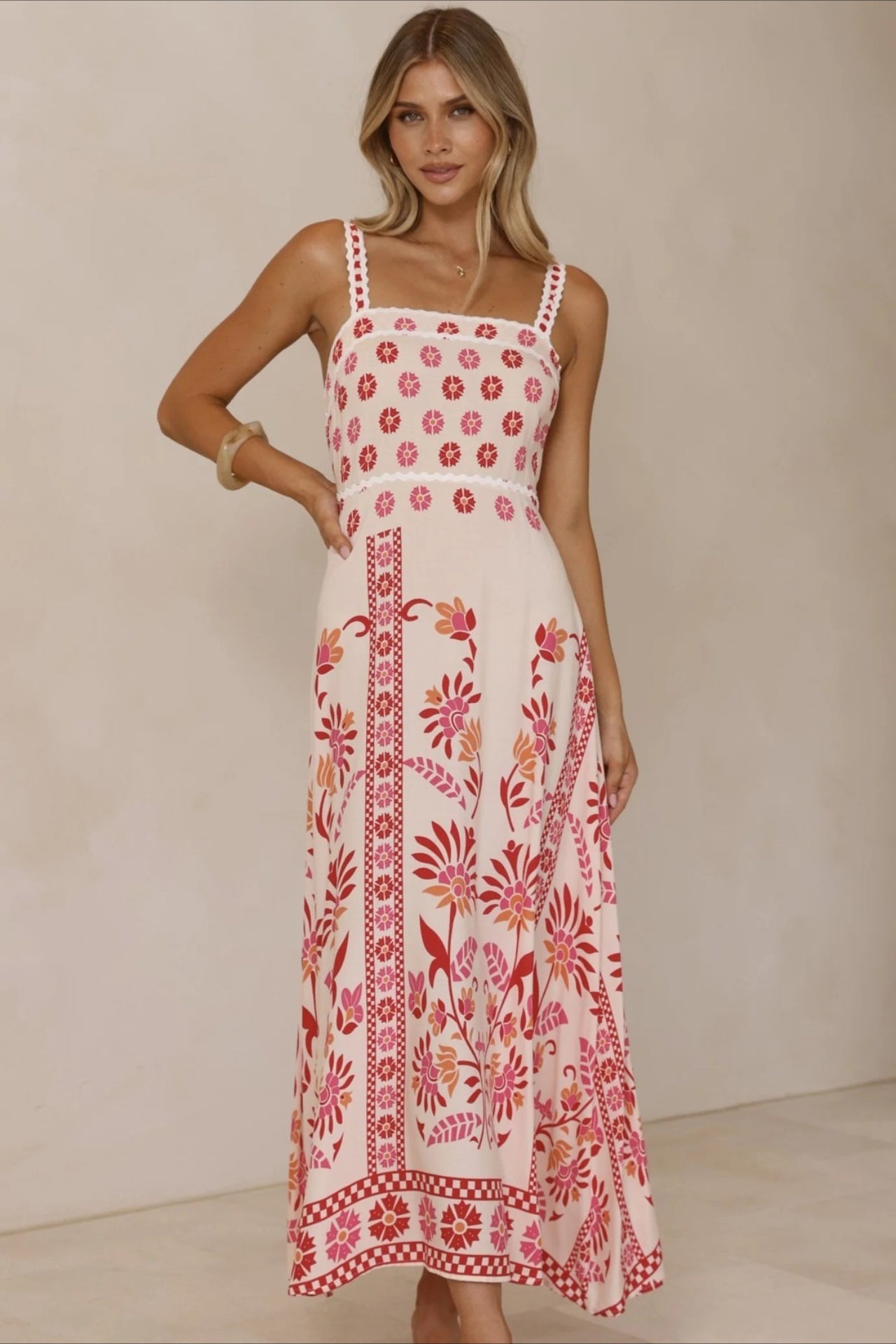 Square Neck Lace Trim Empire Waist Geometric Floral Border Maxi Dress 4