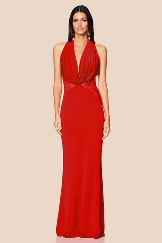 V-Neck Halter Lace Backless Fishtail Party Dress