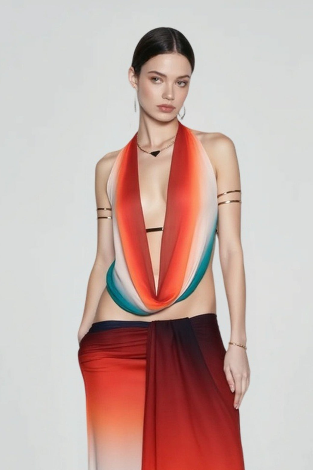 Mesh cowl neck backless bodycon vacation set