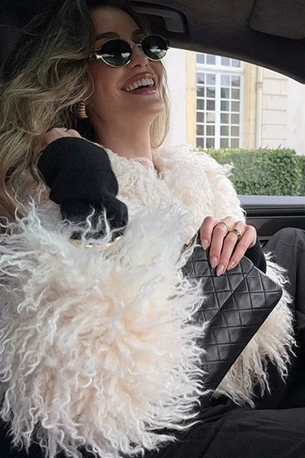 White Faux Fur Lapel Coat