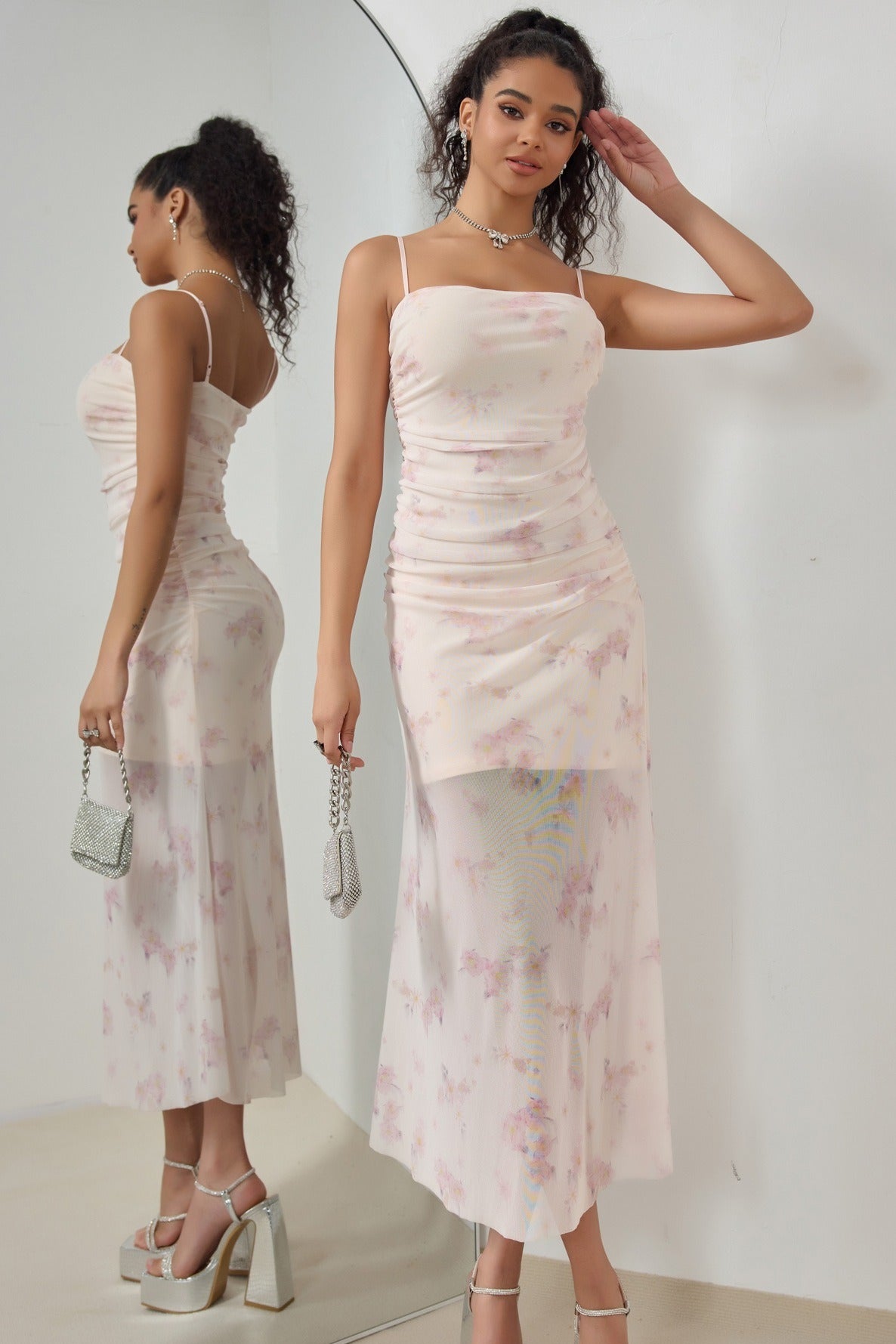 Pink Spaghetti Strap Square Neck Ruched Mesh Sheer Overlay Watercolor Floral Midi Dress 3
