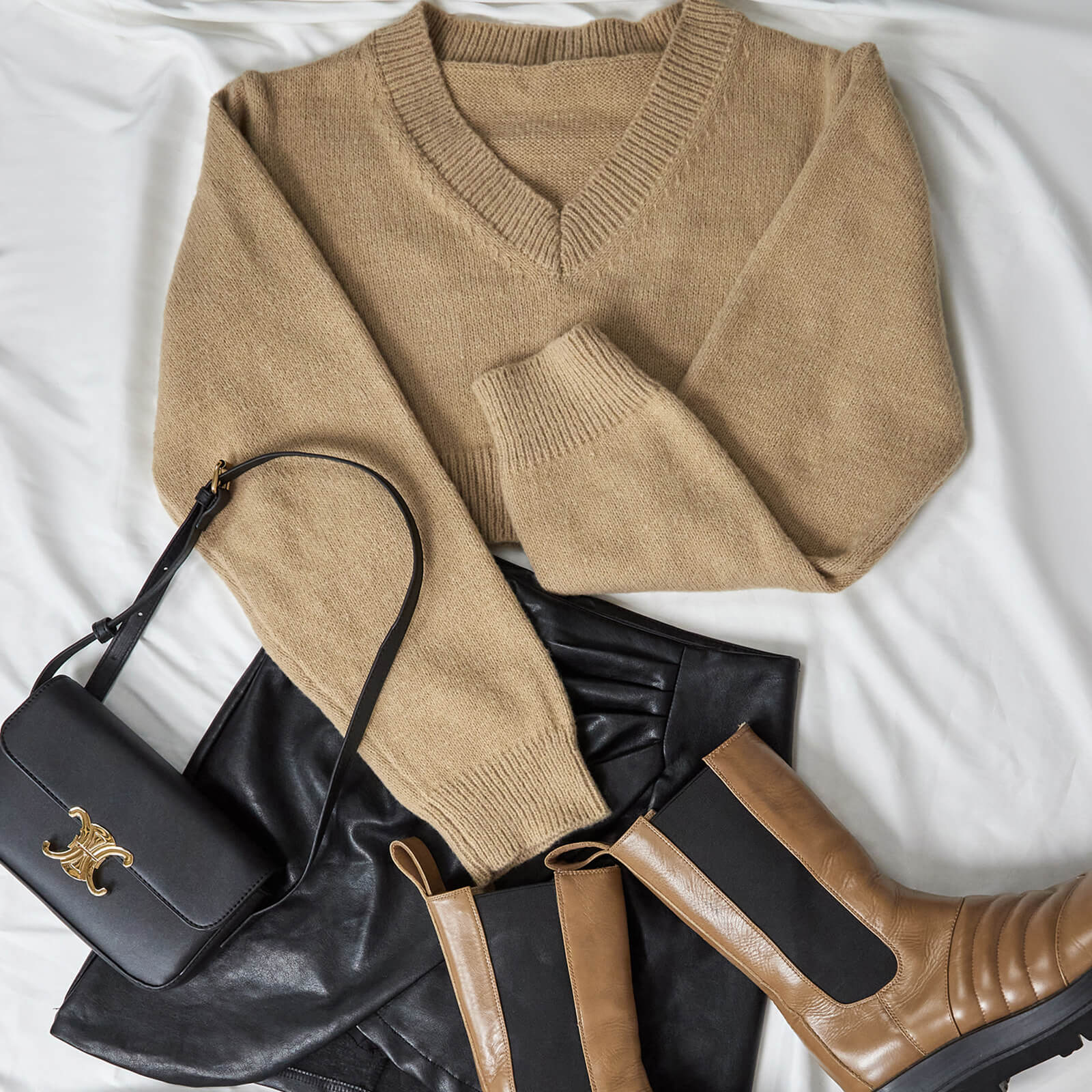 Tan V-Neck Ribbed Trim Cropped Sweater