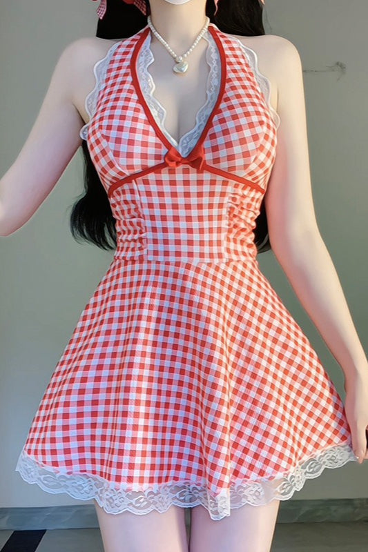 Chic Retro Plaid Open Back One Piece Swimsuit