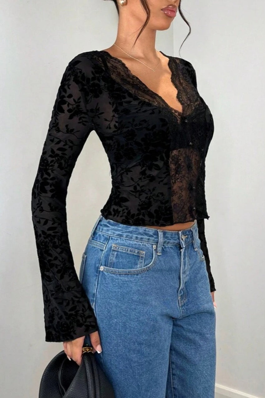 Leopard Print Lace-Paneled Sexy Blouse