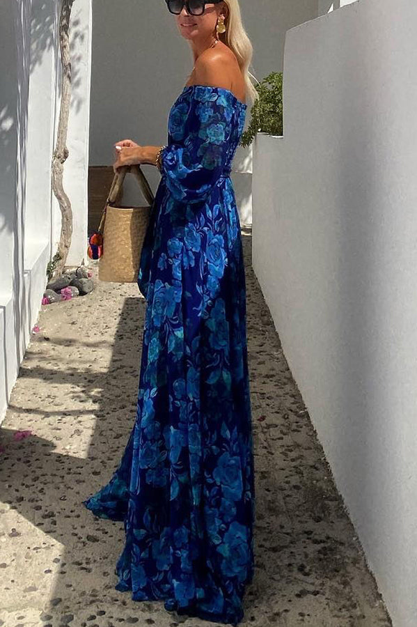 Blue Off-Shoulder Floral Print Lantern Sleeve A-Line Maxi Dress