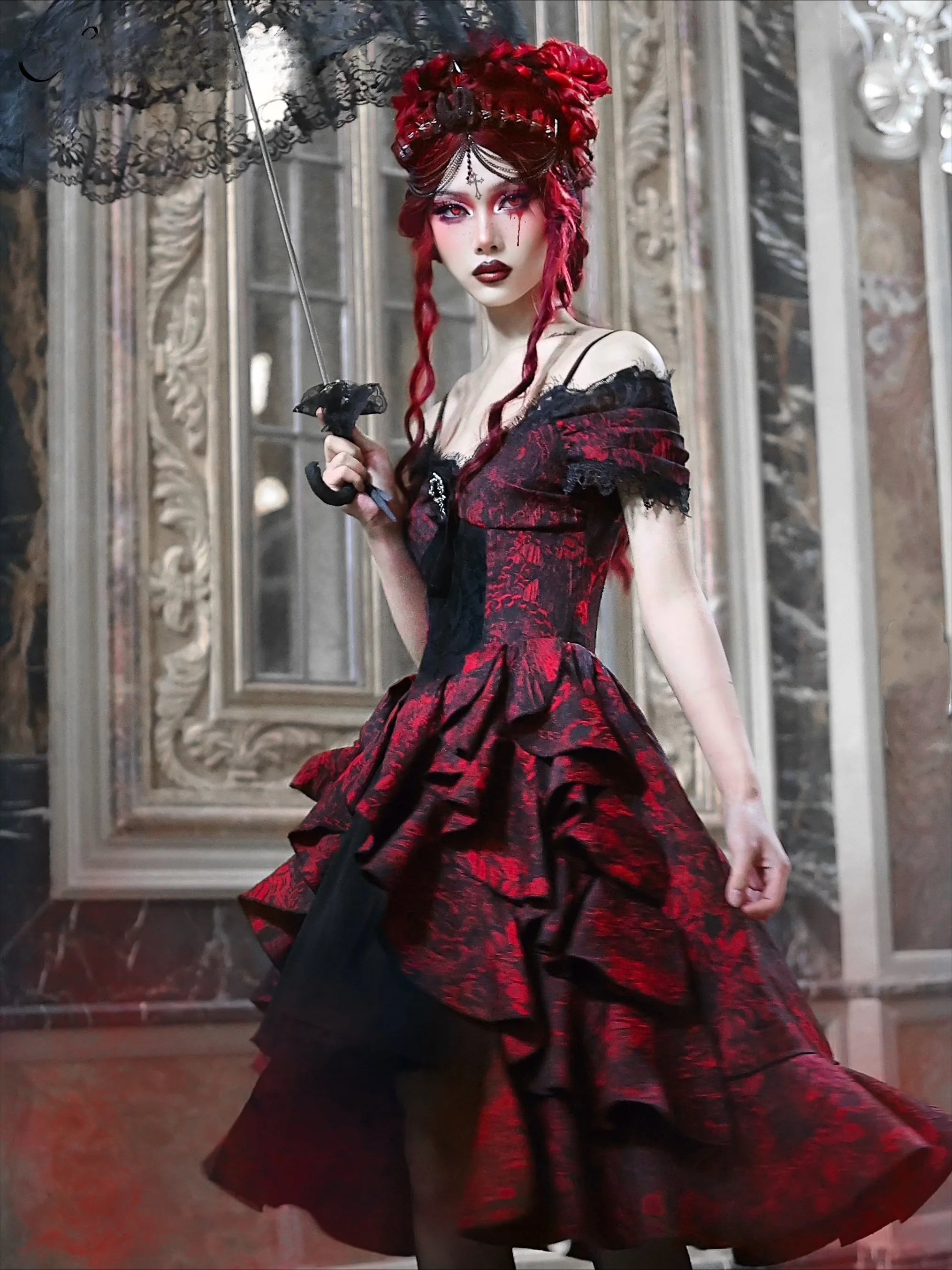 Japanese Gothic Style Red Black Halloween OffShoulder Court Wave Autumn Dark HighWaist Lolita Party Dress