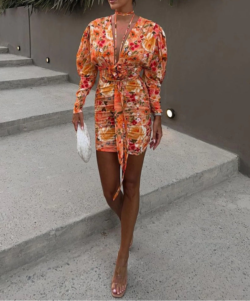 Long Sleeve Ruched Laceup Floral Dress