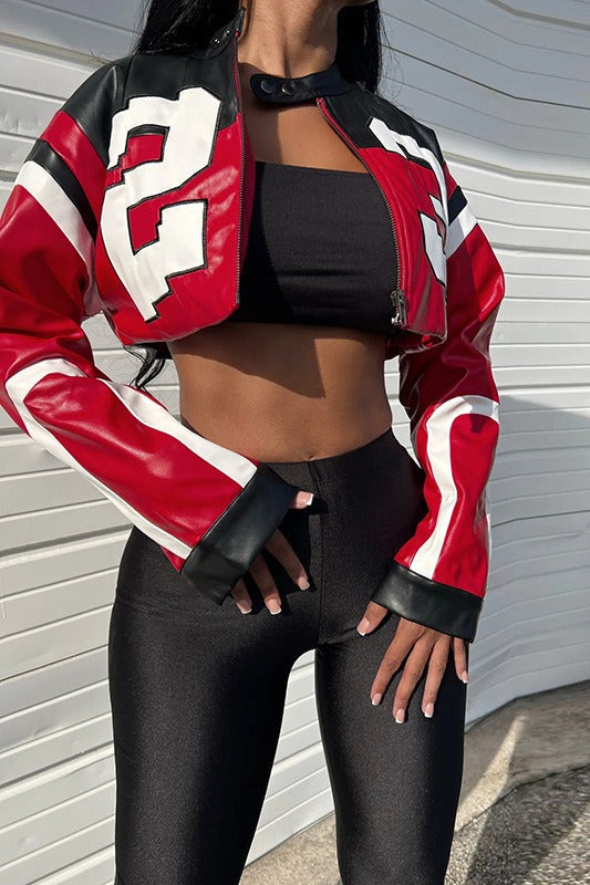 Color-Block Embroidered Slim Faux Leather Jacket
