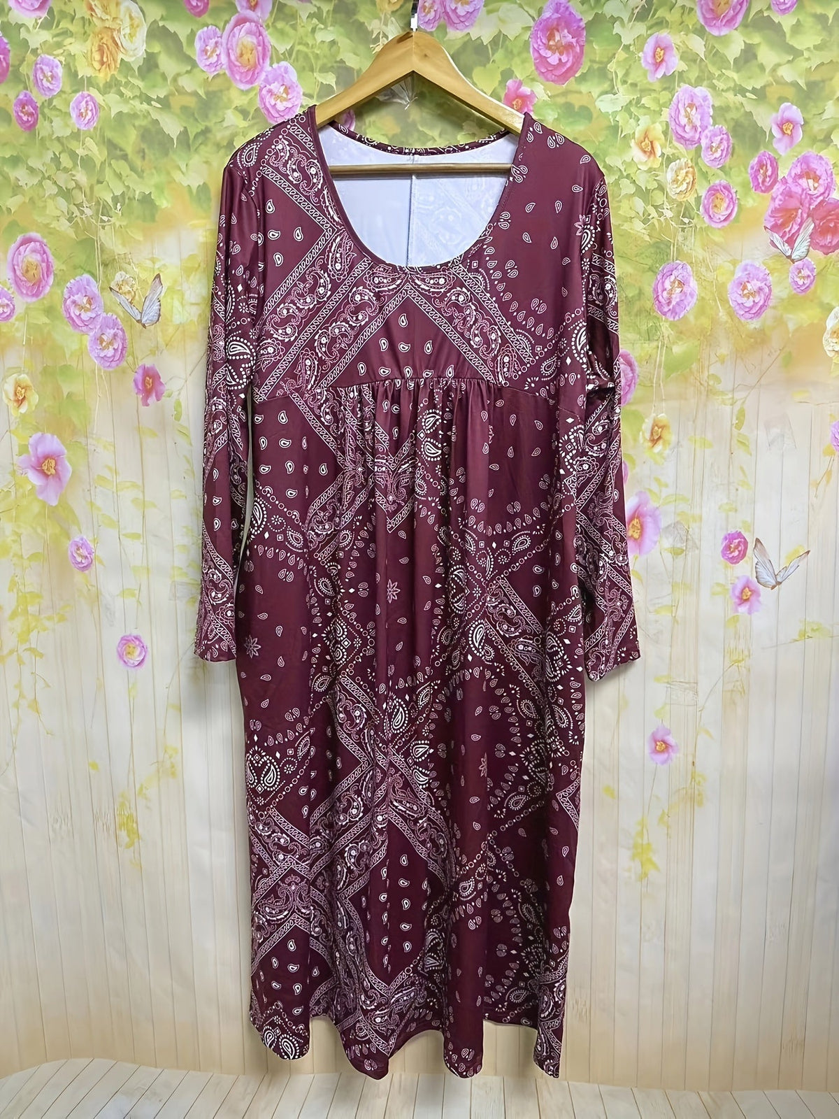 Square Neck Paisley Print Empire Waist Pocket Midi Dress 10