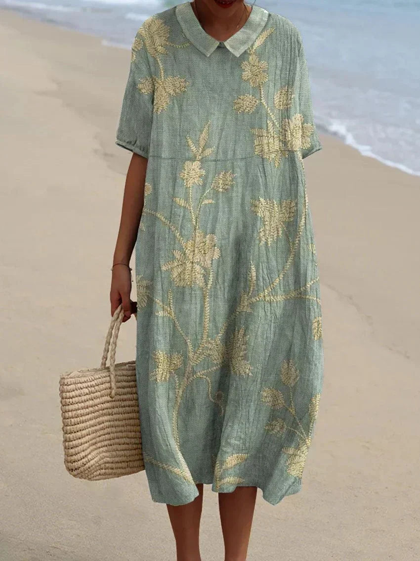 Collar Short Sleeve Floral Print Cocoon Midi Dress