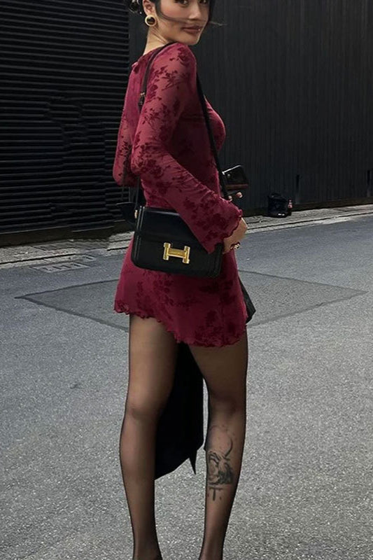 Red Mesh Floral Long Sleeve Bodycon Dress 5