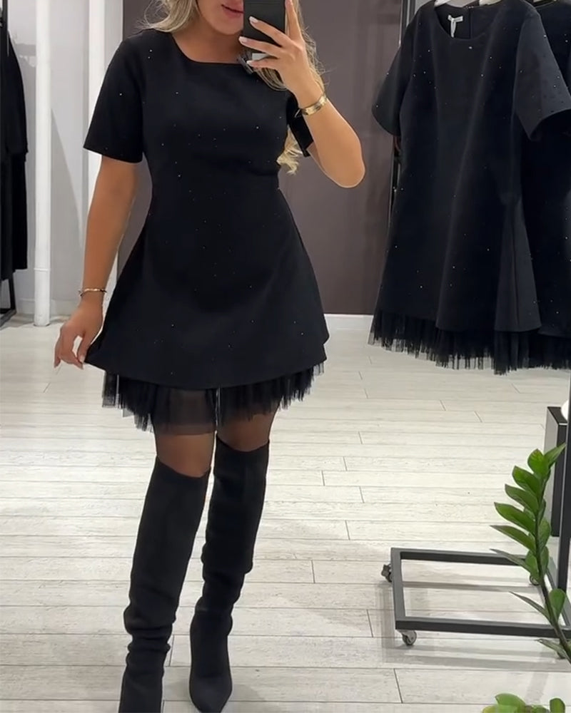 Round Neck Rhinestone Studded Short Sleeve Tulle Hem Flared Mini Dress 7