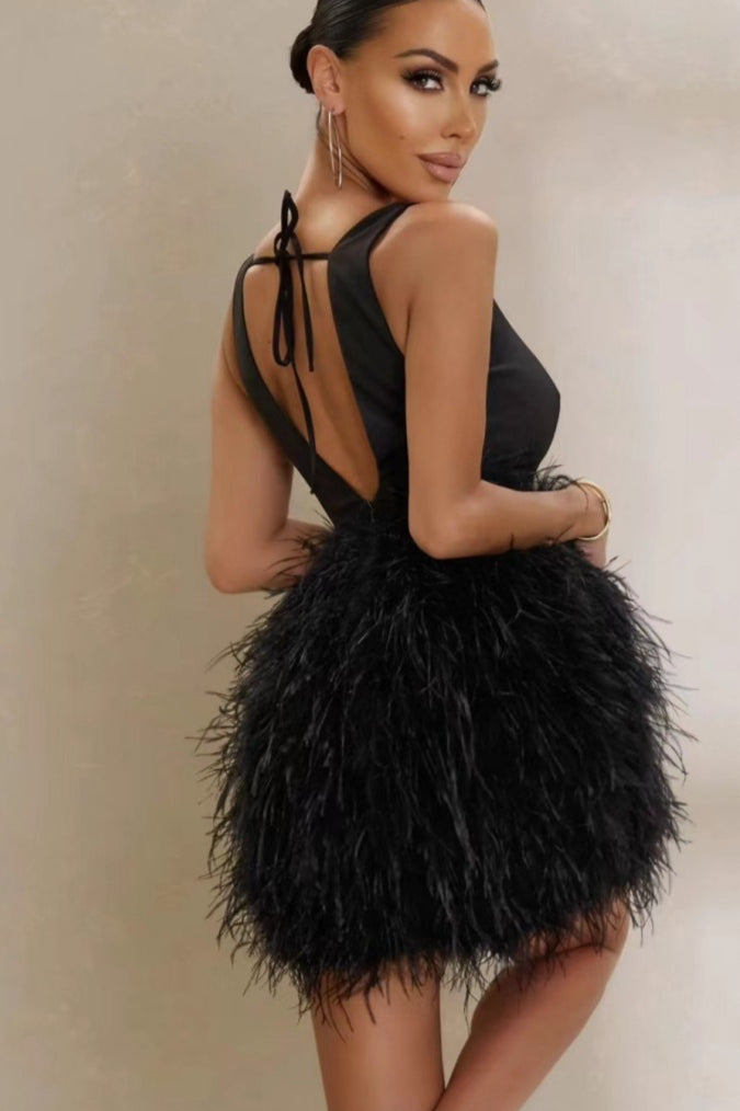Black Feather Tie Waist Sleeveless Mini Dress 3