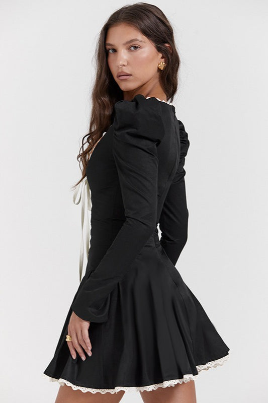 Black and White Ruffle Neckline Tie Waist Mini Dress