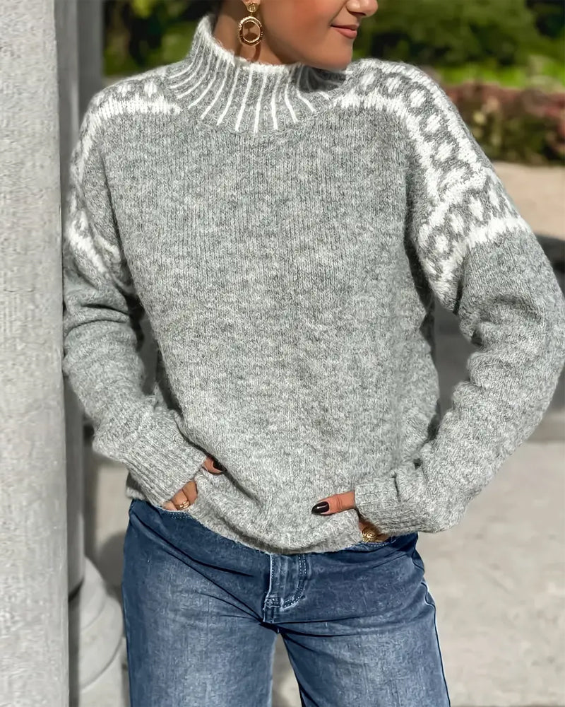 High Neck Fair Isle Trim Knitted Sweater