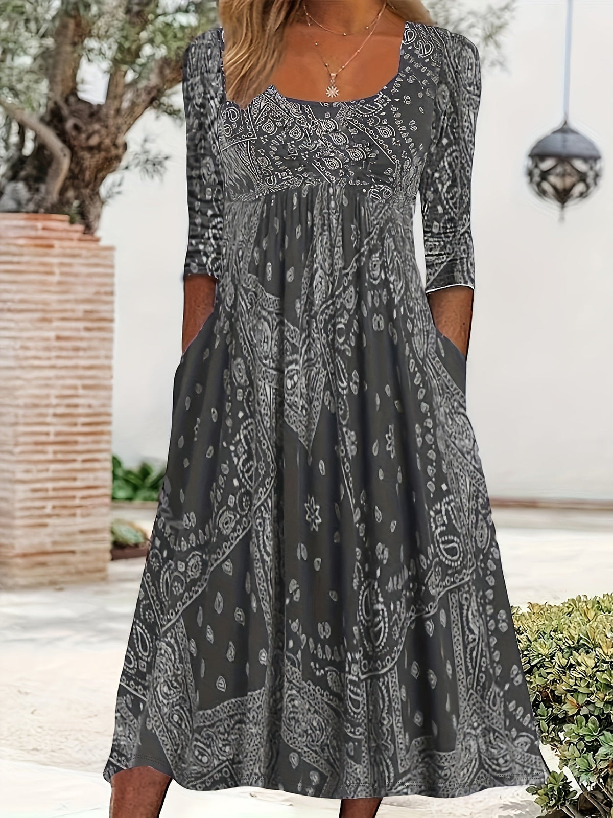 Square Neck Paisley Print Empire Waist Pocket Midi Dress