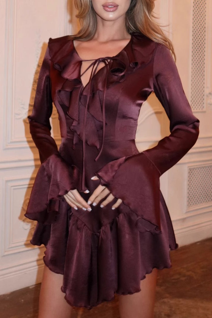 V-Neck Ruffled Tie Midi Dress