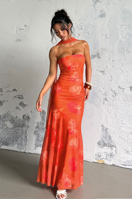 Orange Strapless Mermaid Ruched Abstract Floral Print Maxi Dress 5