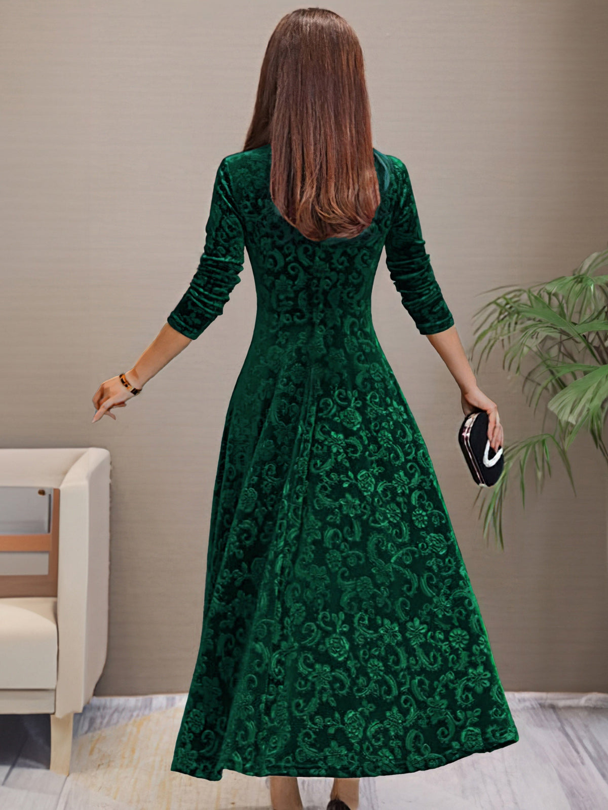 V-Neck Floral Burnout Velvet Long Sleeve A-Line Maxi Dress 15